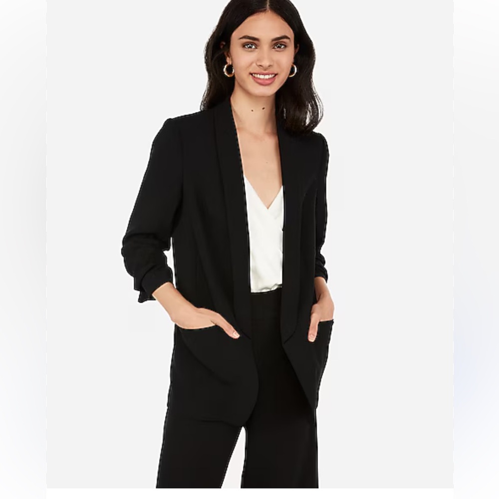 Black ruched sleeve open front boyfriend blazer | Express | Size S